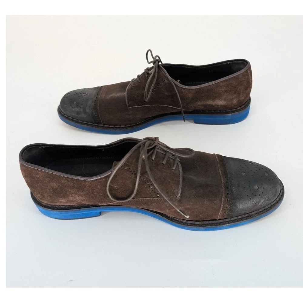 Jimmy Choo Suede Derby Shoes Mens 46 Brown Blue Cap Toe Made in Italy‎ Luxury